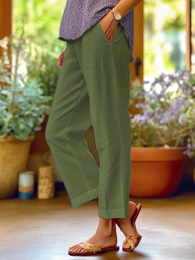Pantalon ample uni en mélange coton et lin