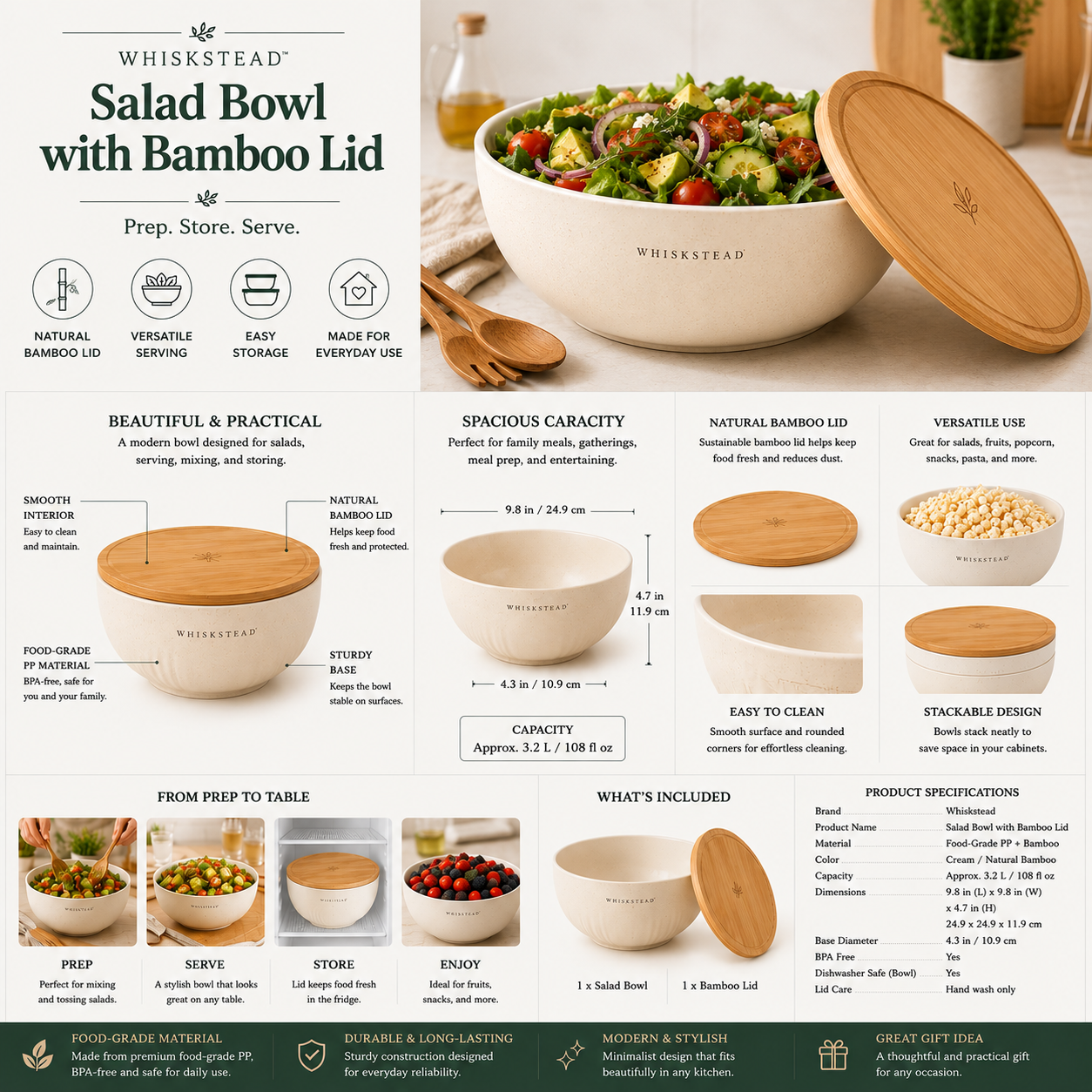Whiskstead® Salad Bowl with Bamboo Lid