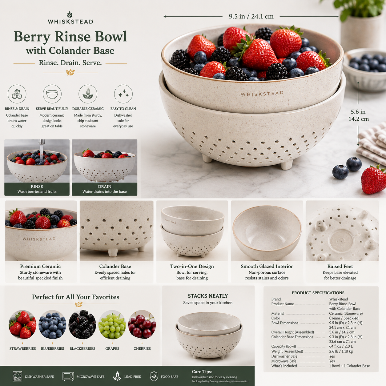 Whiskstead® Berry Rinse Bowl with Colander Base
