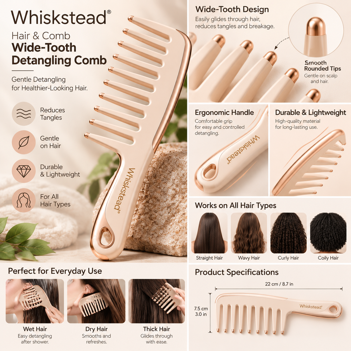 Whiskstead® Hair & Comb Wide-Tooth Detangling Comb