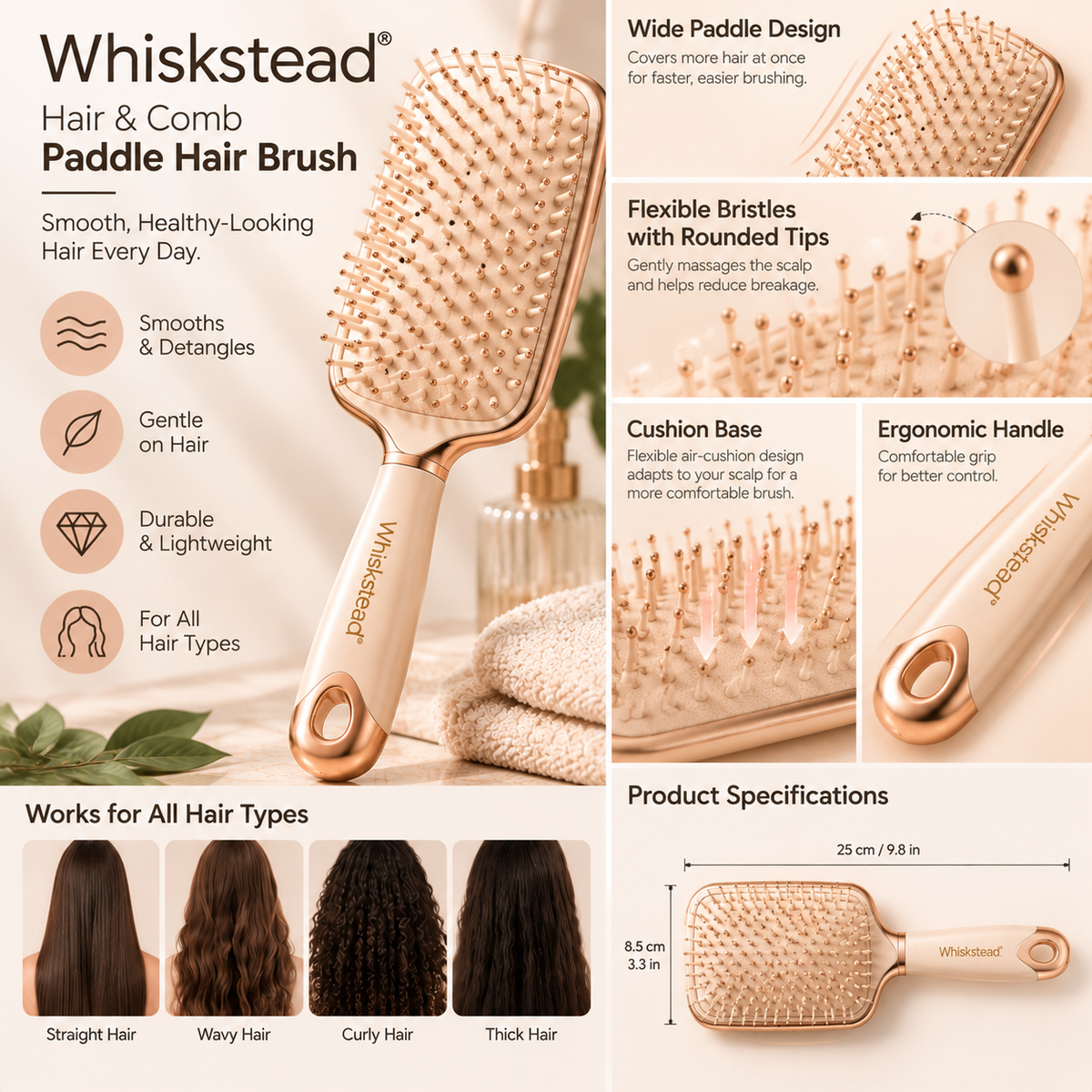 Whiskstead® Hair & Comb Paddle Hair Brush