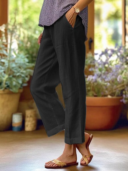 Pantalon ample uni en mélange coton et lin
