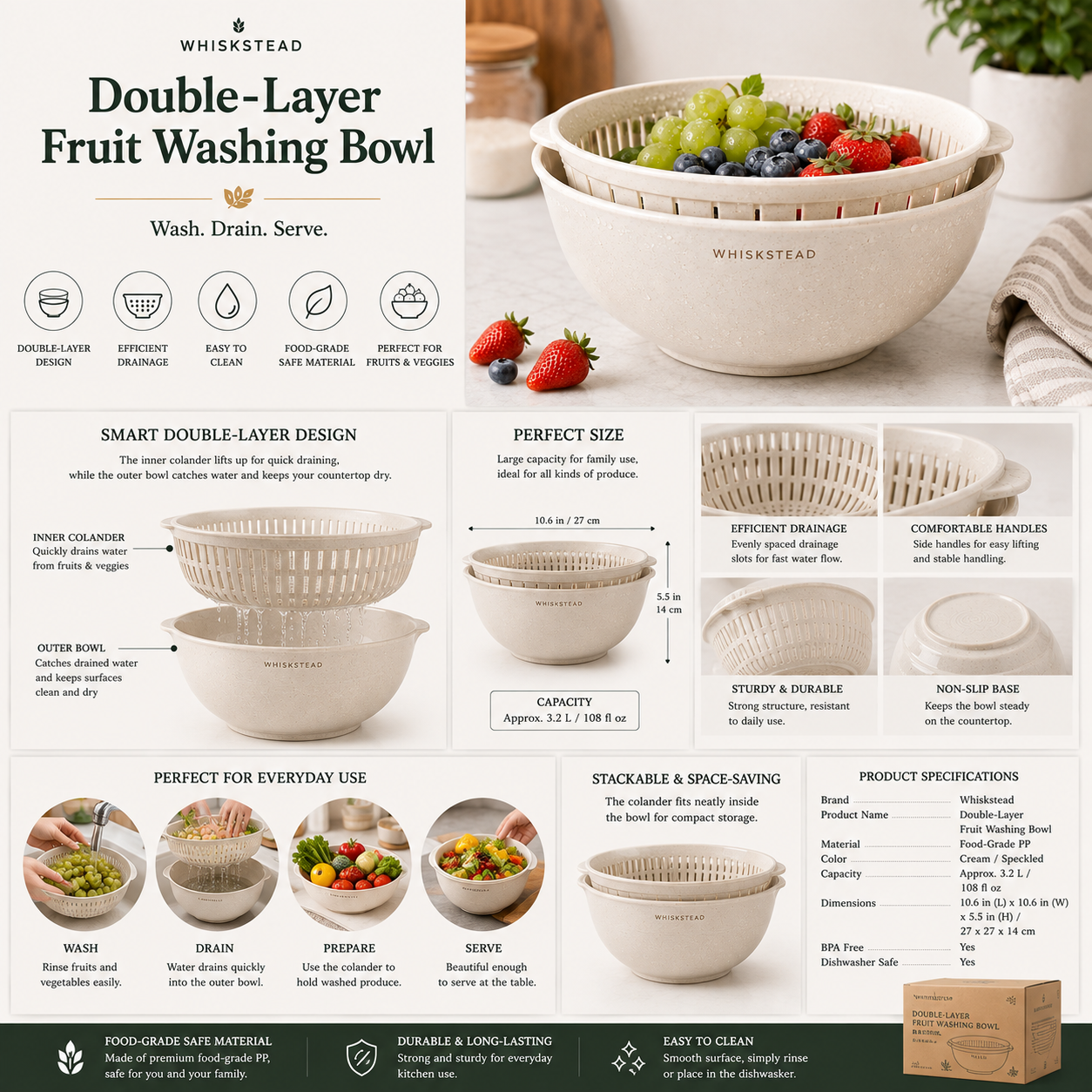 Whiskstead® Double-Layer Fruit Washing Bowl