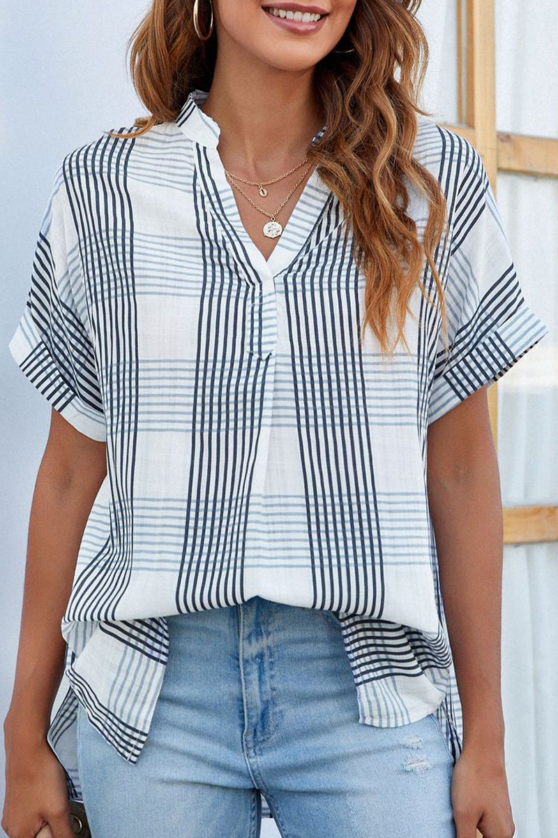 Casual Simplicity Striped Solid Patchwork V Neck Tops