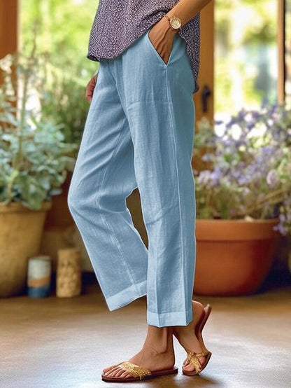 Pantalon ample uni en mélange coton et lin
