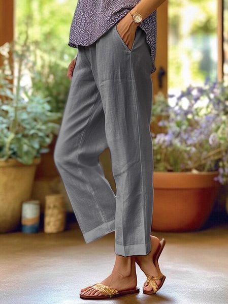 Pantalon ample uni en mélange coton et lin